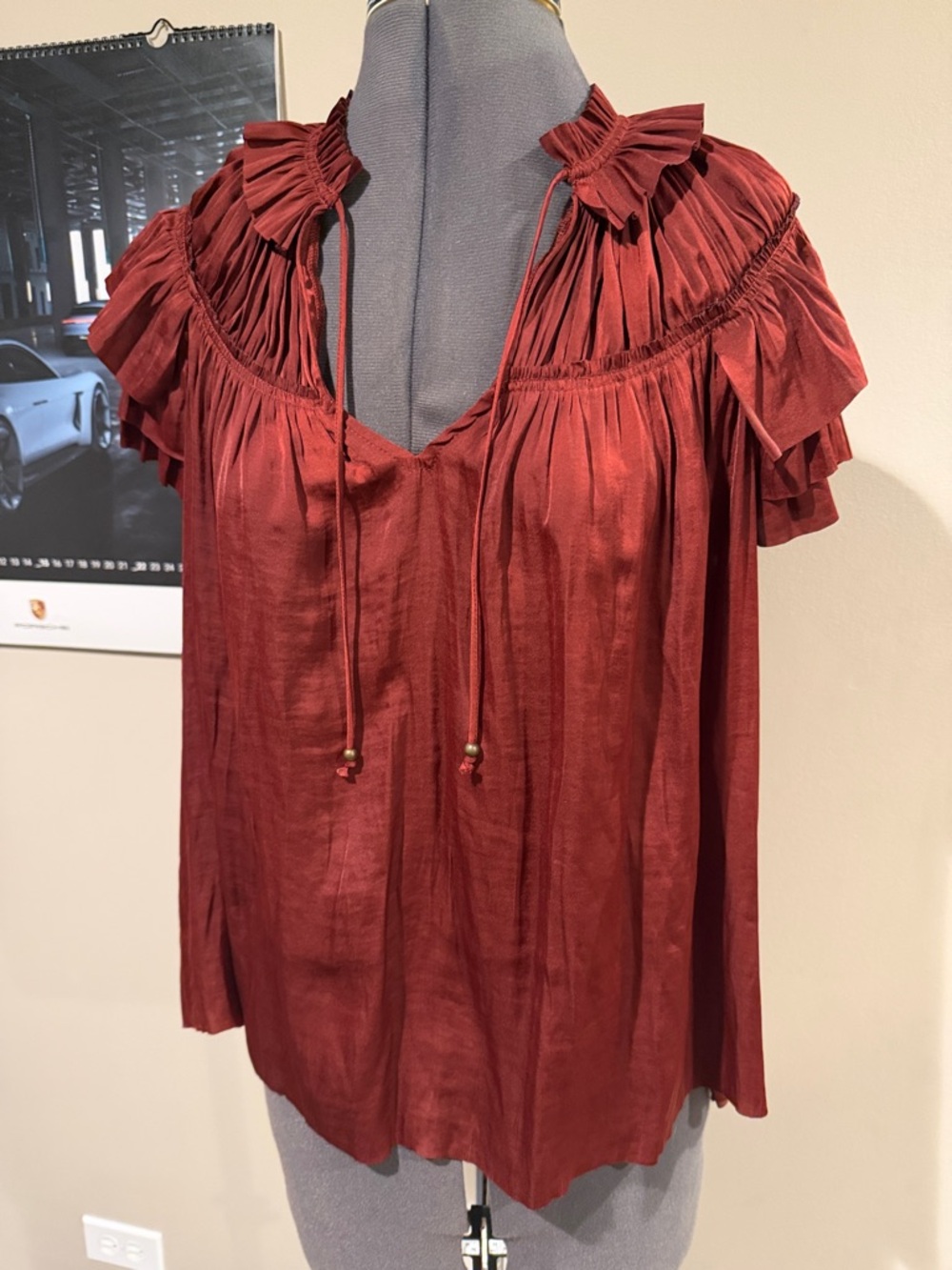 Elan Rust Red Ruffled Tie-Neck Blouse